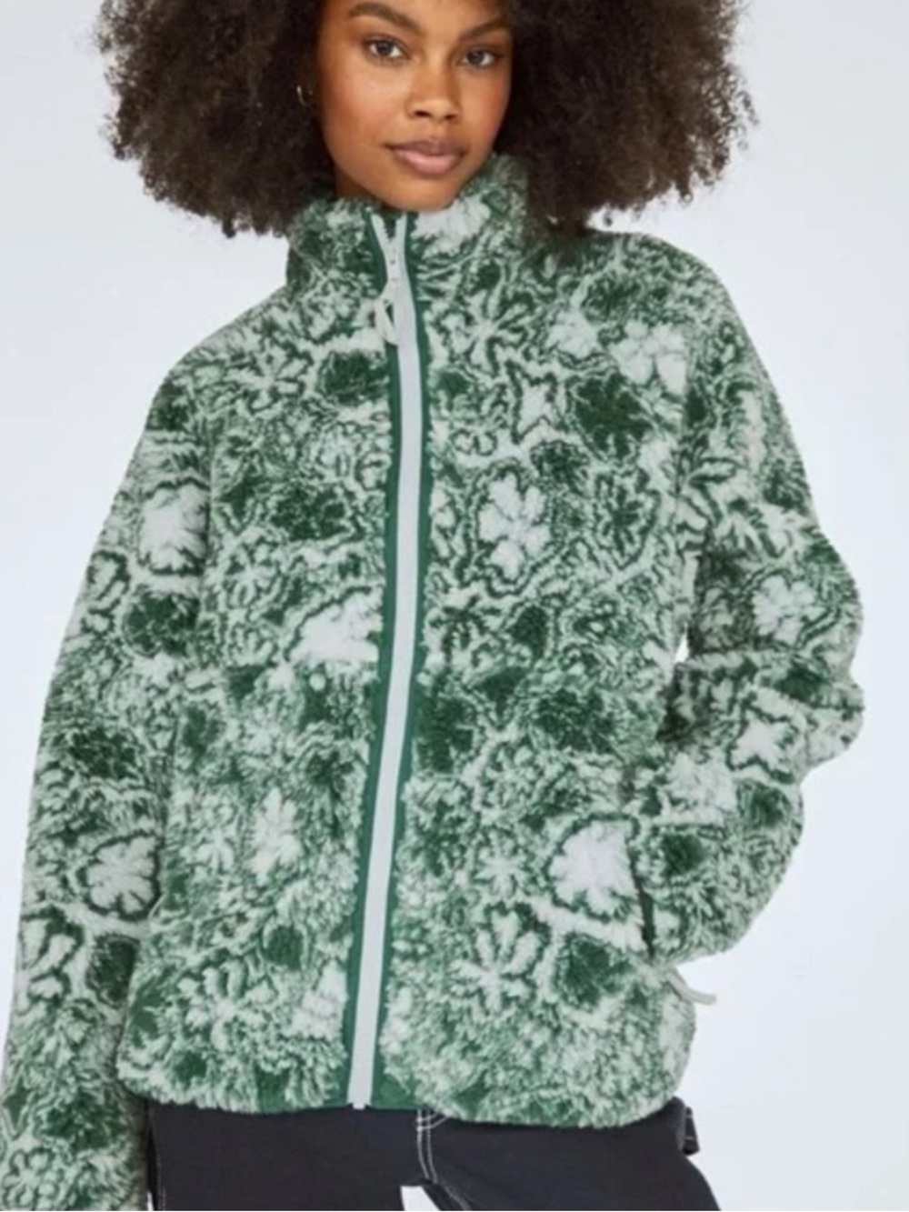 TNA Green and White Plush Zip-Up Jacket